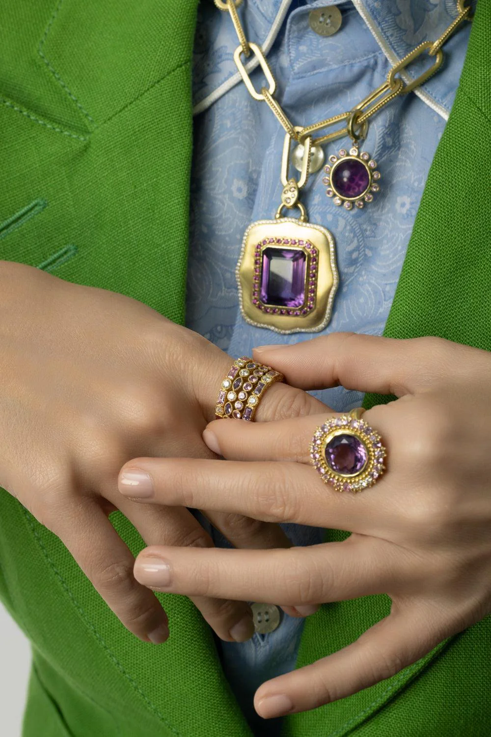 Modern Etruscan Double Sunburst Amethyst Ring - Image 5