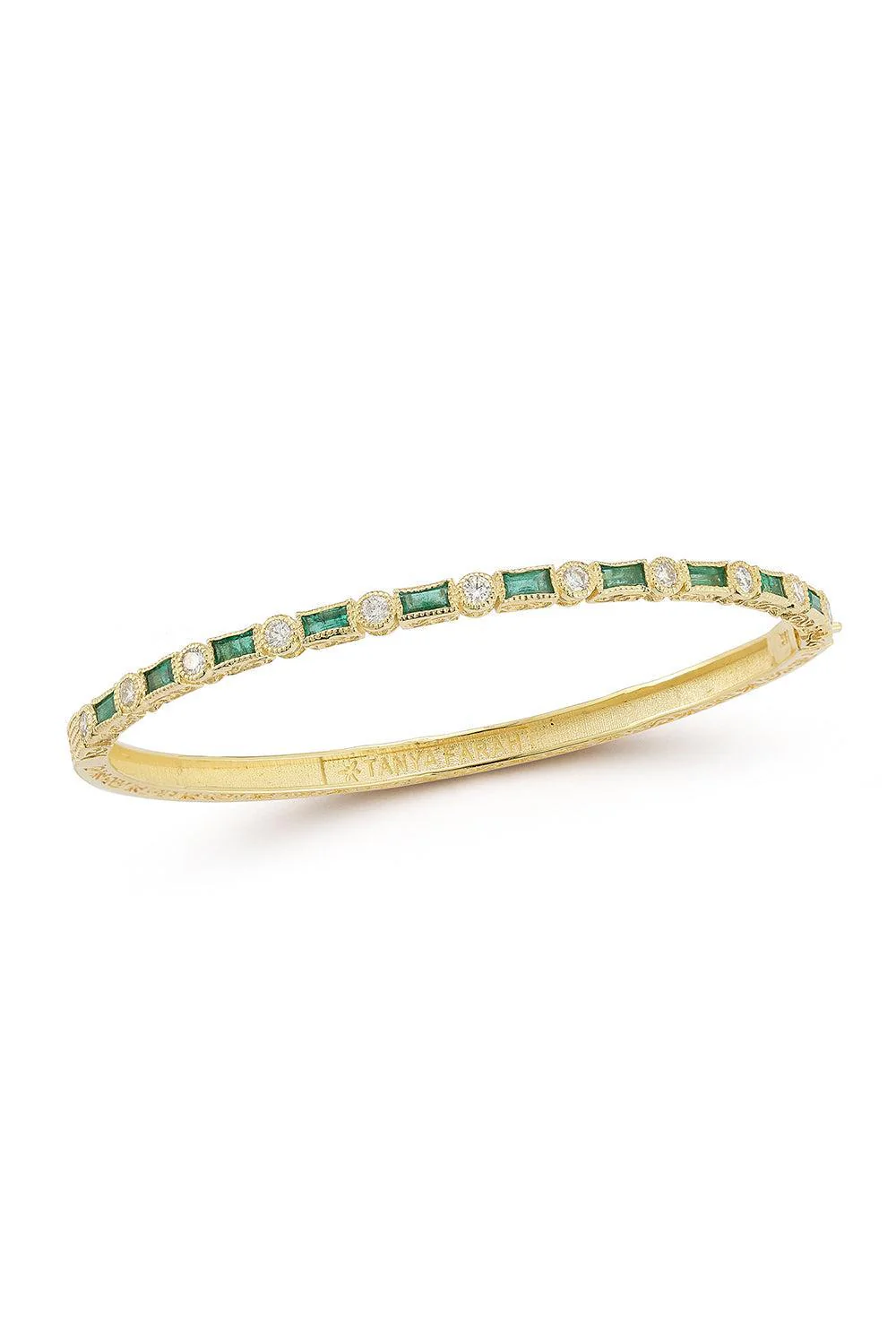 Modern Etruscan Emerald Diamond Bezel Bangle Bracelet