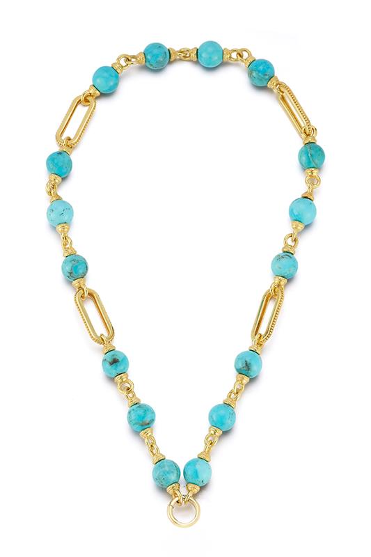 Modern Etruscan Kingman Turquoise Gold Cap Necklace