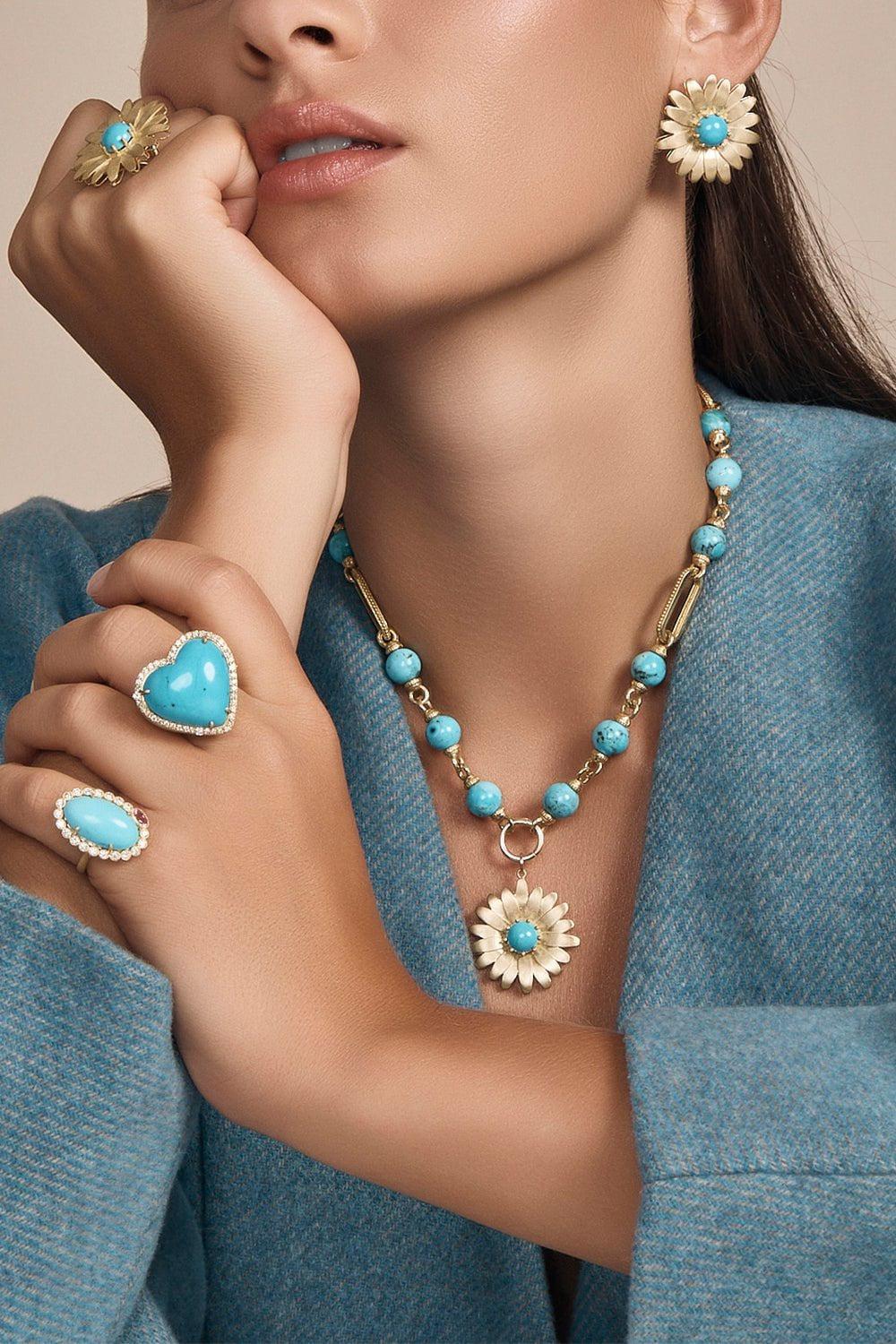 Modern Etruscan Kingman Turquoise Gold Cap Necklace - Image 4