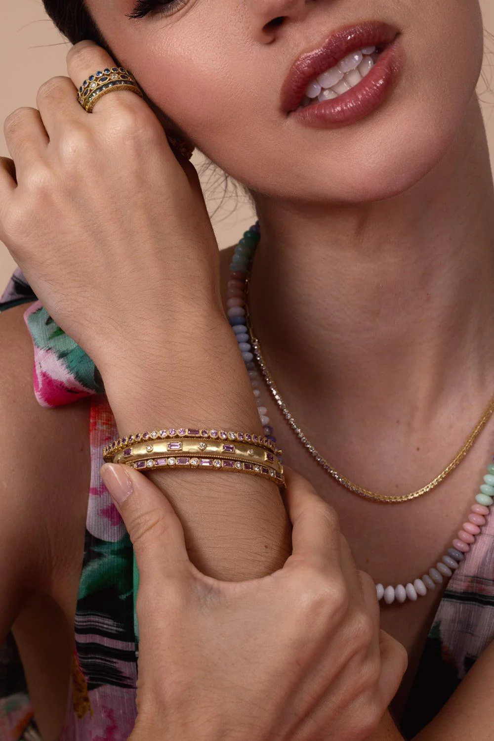 Modern Etruscan Pink Sapphire Baguette Diamond Bangle - Image 2