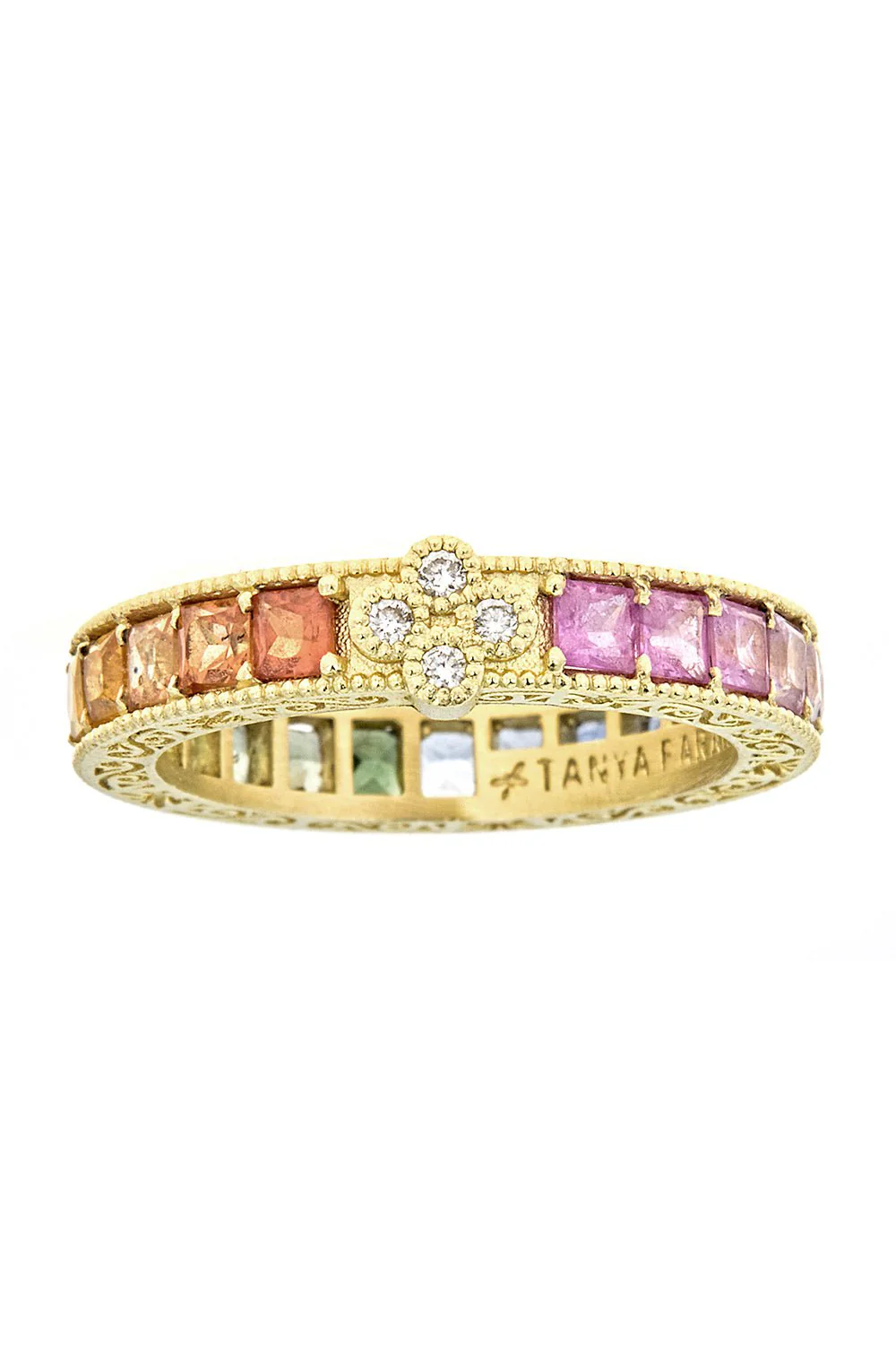 Modern Etruscan Rainbow Sapphire Diamond Cluster Stack Ring