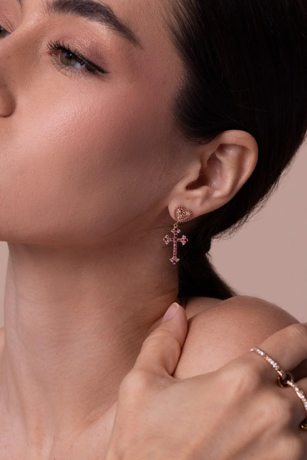 Pink Sapphire Cross Earrings - Image 2