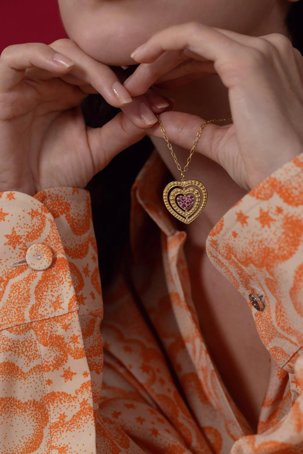 Pink Sapphire Triple Moveable Heart Necklace - Image 3