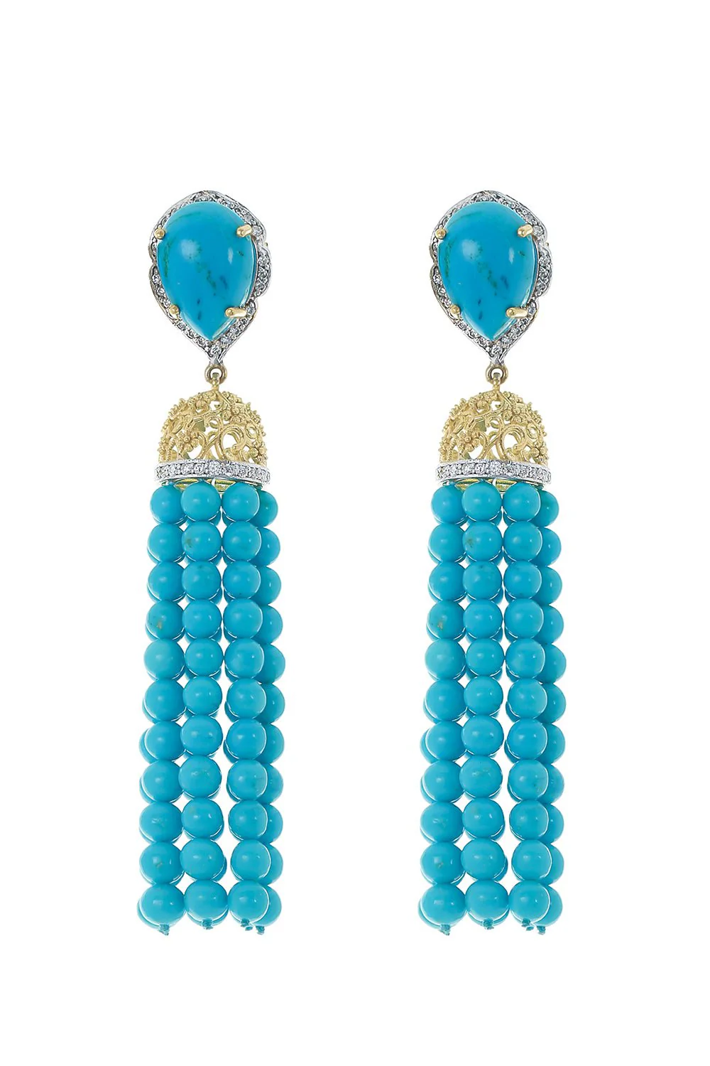 White Diamond Turquoise Tassel Earrings