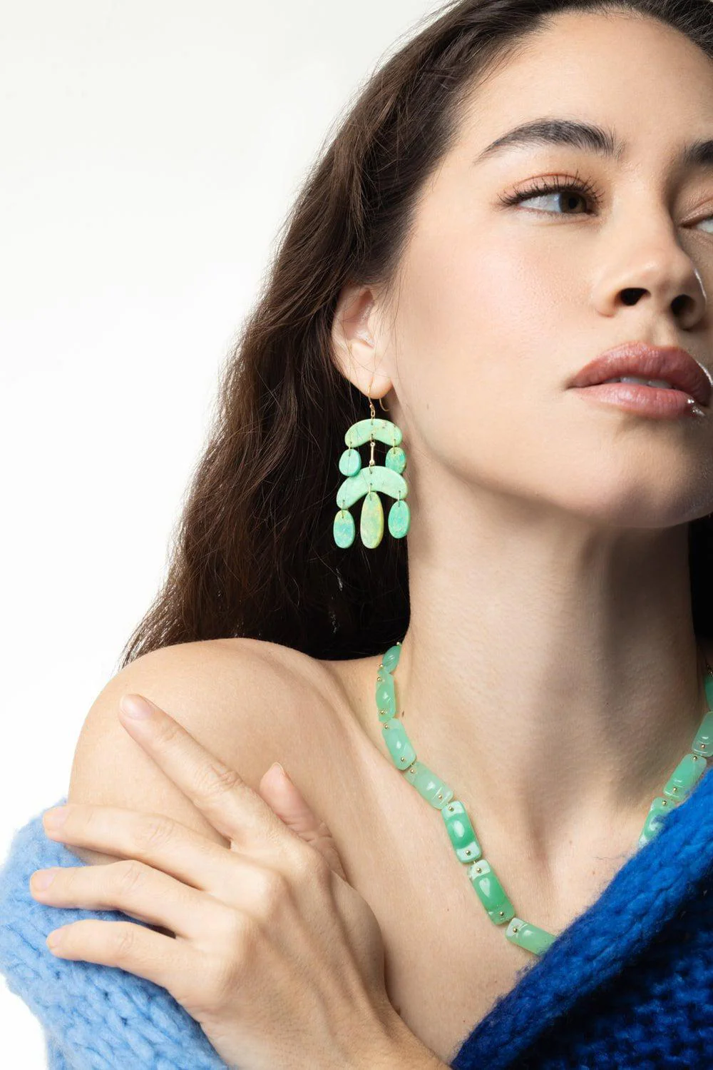 Green Turquoise Tiny Cut Stone Chandelier Earring - Image 2