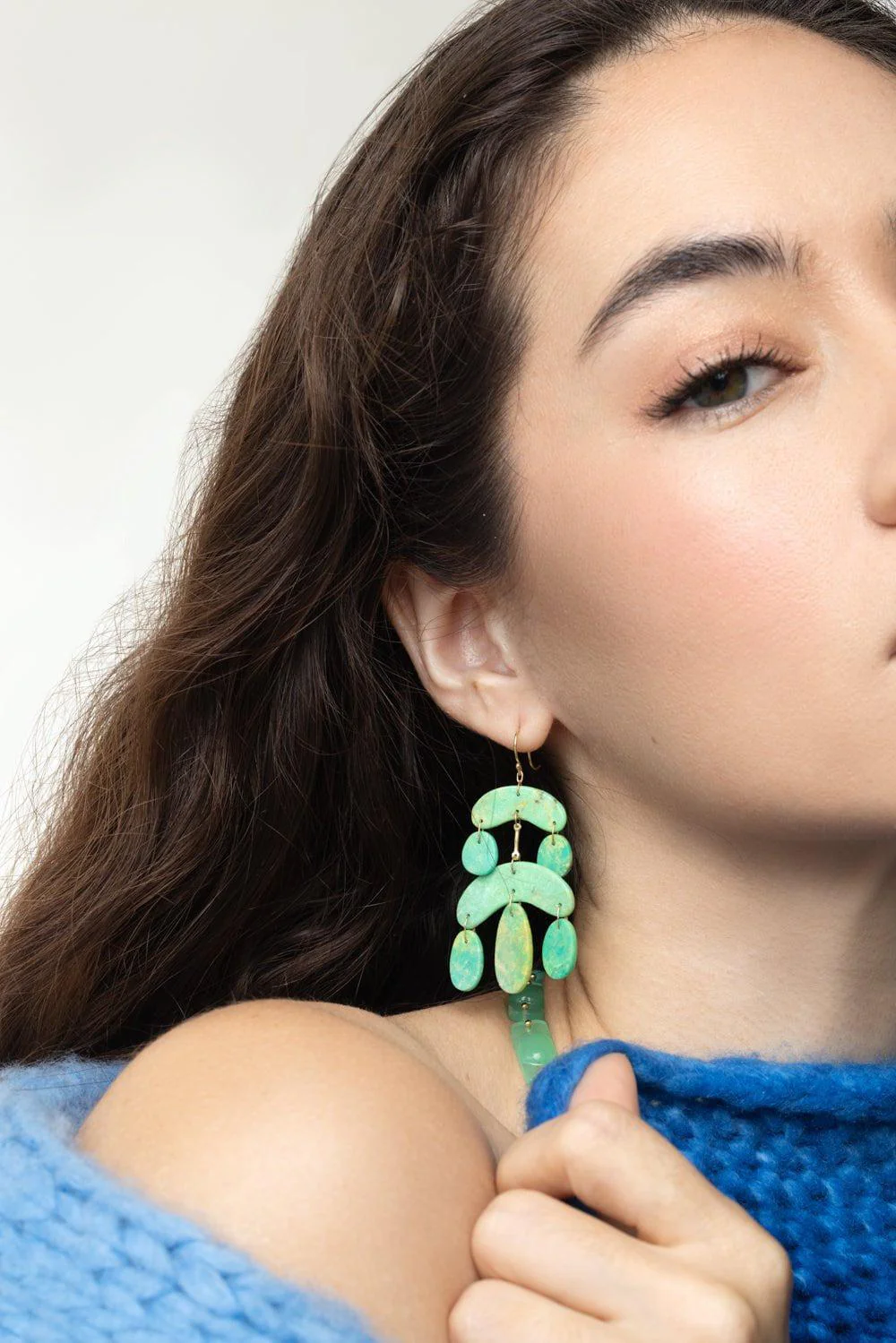 Green Turquoise Tiny Cut Stone Chandelier Earring - Image 3