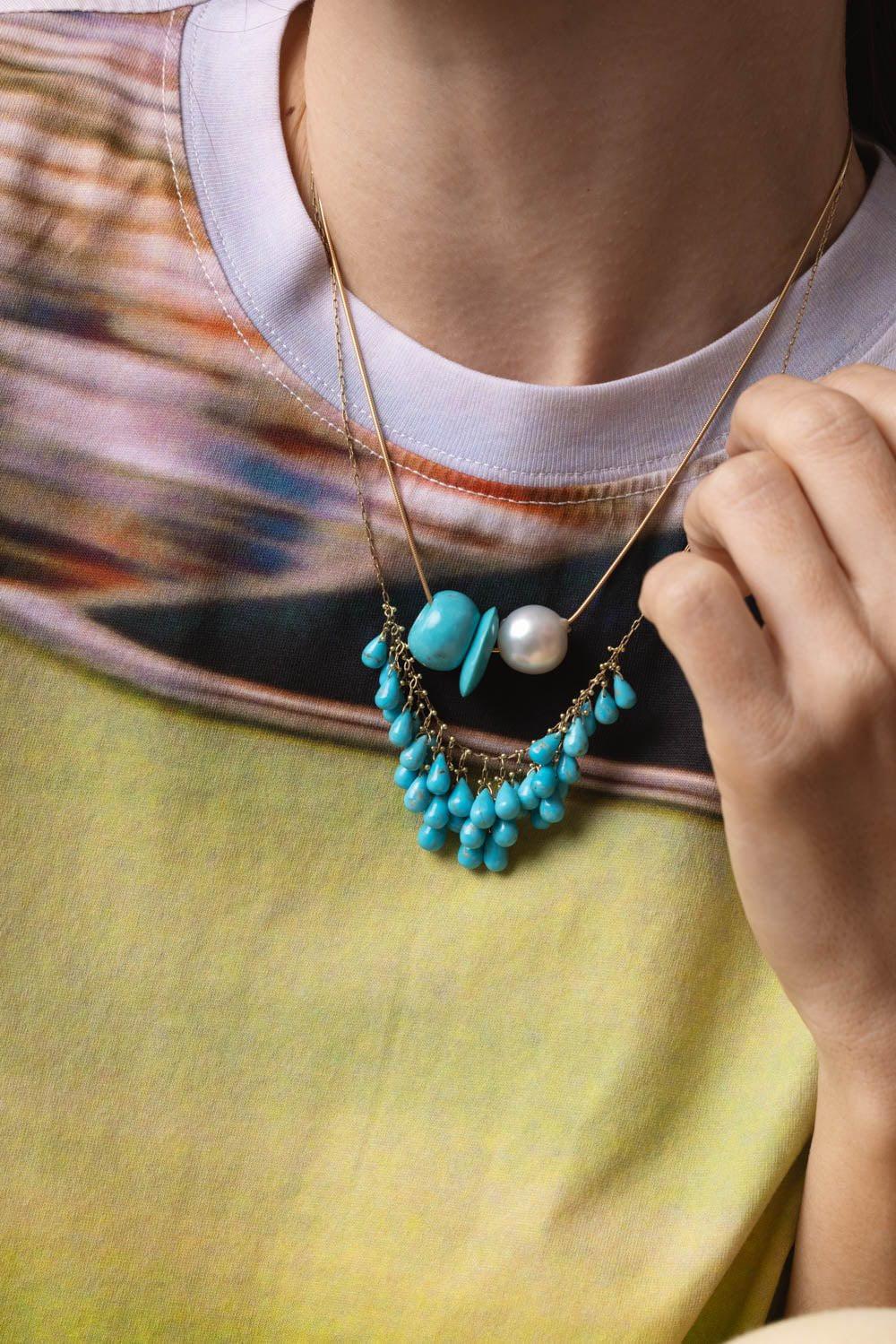 Turquoise Pearl Trade Bead Necklace - Image 3