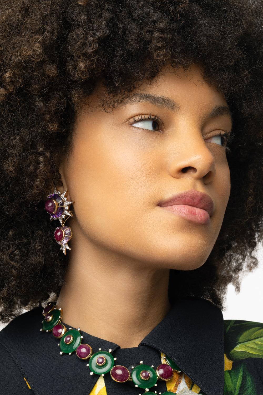 Amethyst Diamond Heart Drop Earrings - Image 2