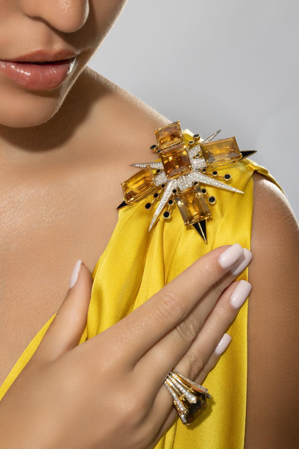 Citrine Diamond Enamel Brooch - Image 4