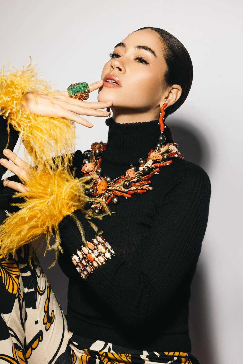 Coral Diamond Line Drop Earrings - Image 2