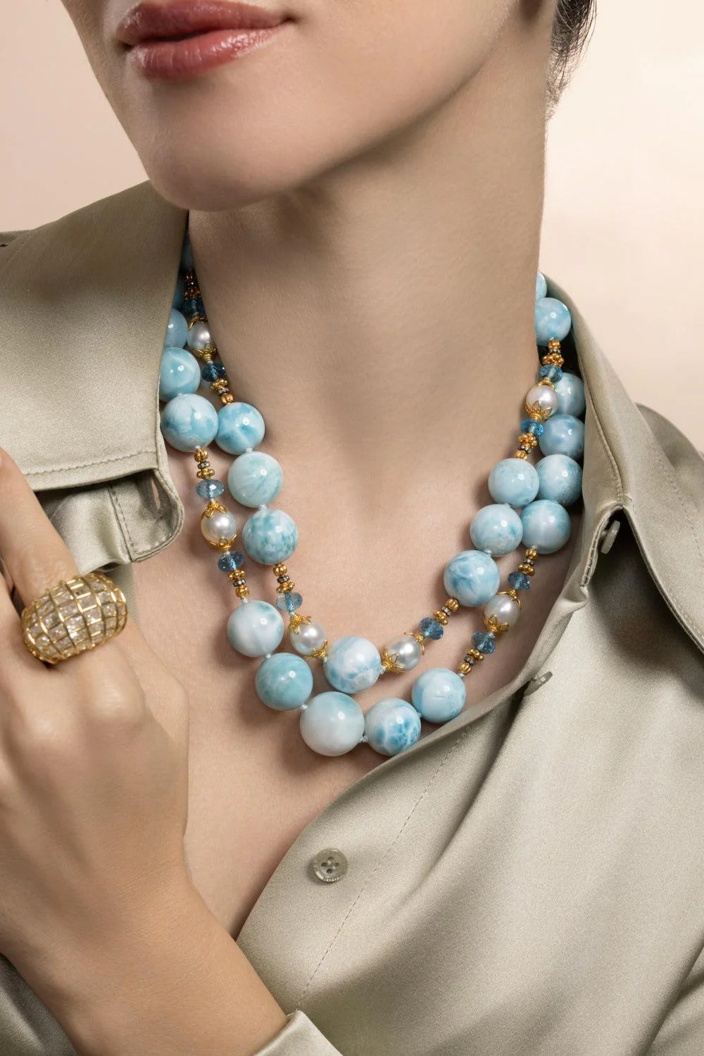 Diamond Sapphire Topaz Double Strand Necklace - Image 4