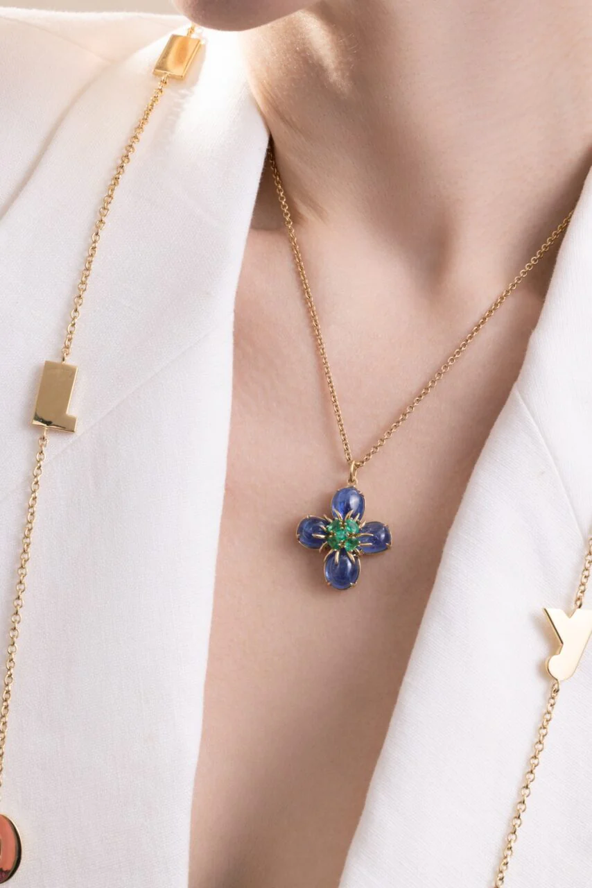 Emerald Sapphire Dogwood Pendant Necklace - Image 2