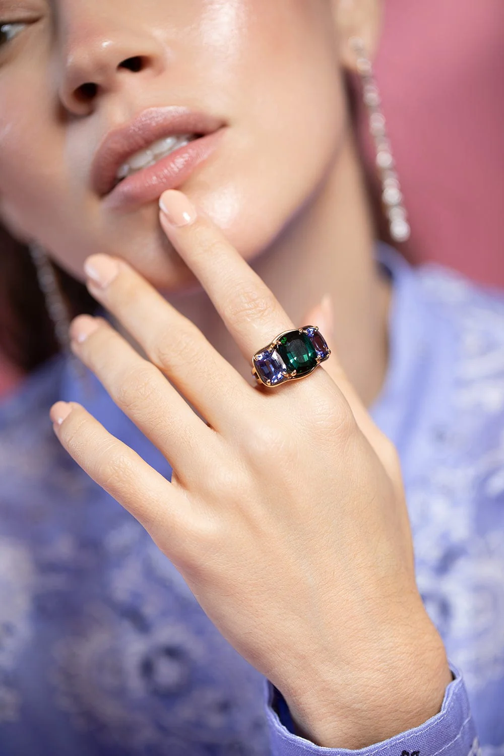 Green Tourmaline Tanzanite Three Stone Ring - Image 3