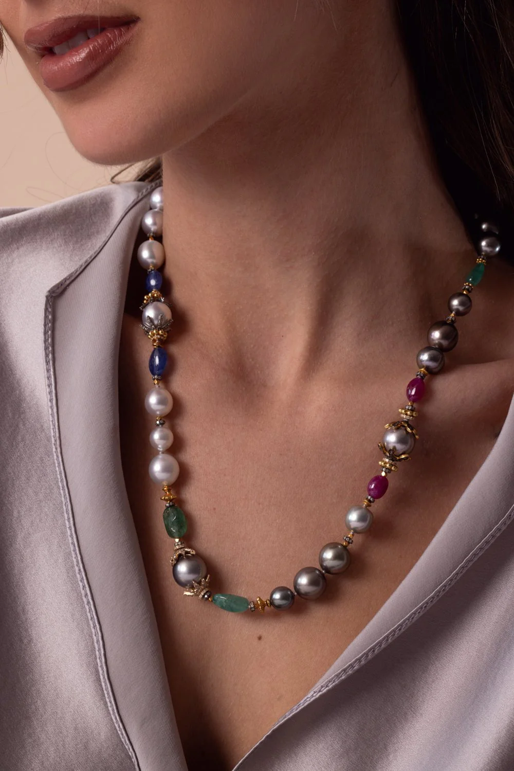 Pearl Emerald Sapphire Beaded Necklace - Image 3