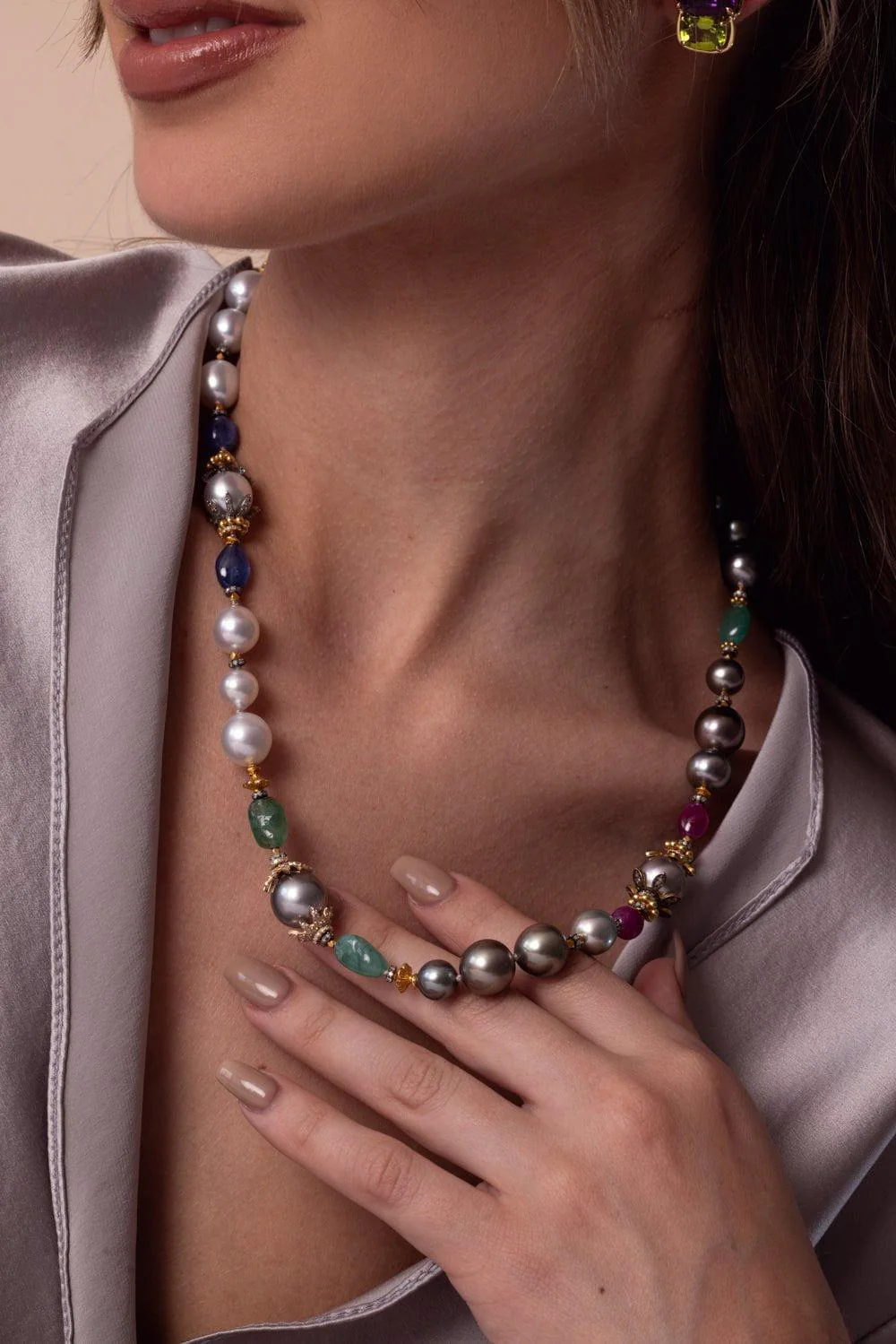 Pearl Emerald Sapphire Beaded Necklace - Image 4