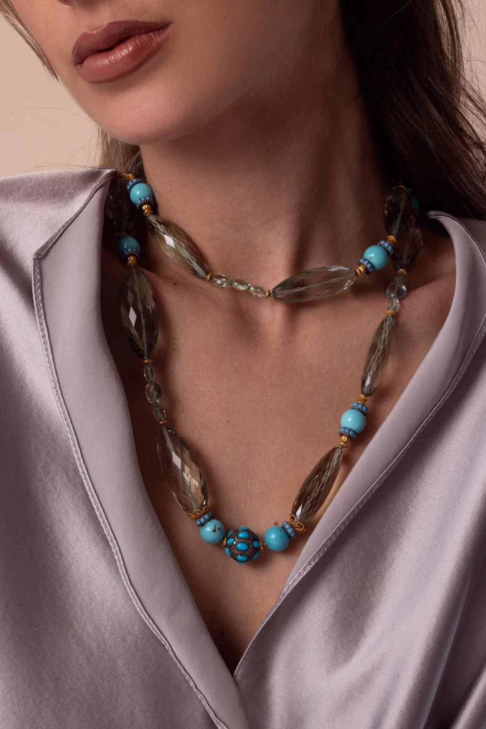 Prasiolite Emerald Turquoise Beaded Necklace - Image 3