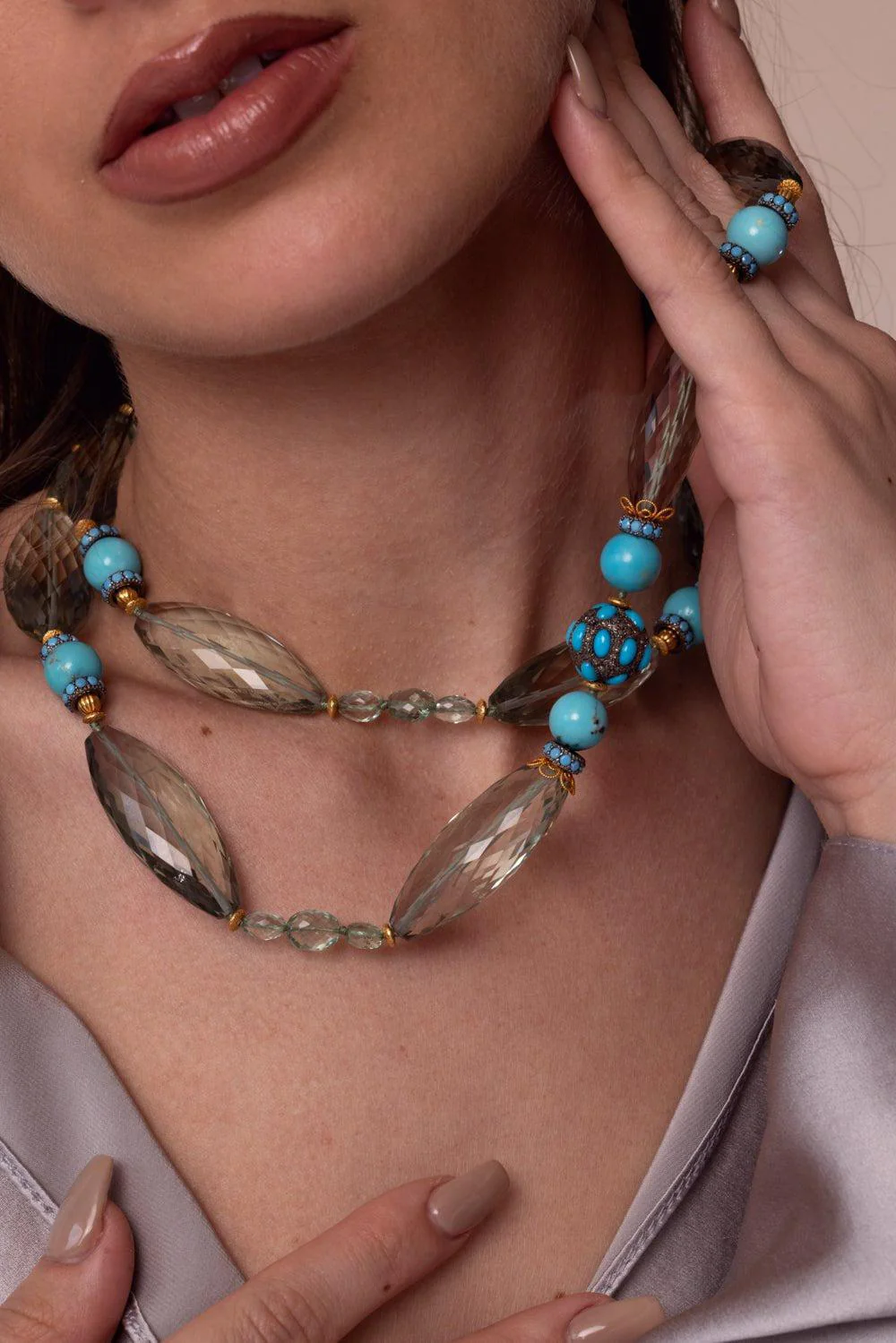 Prasiolite Emerald Turquoise Beaded Necklace - Image 4