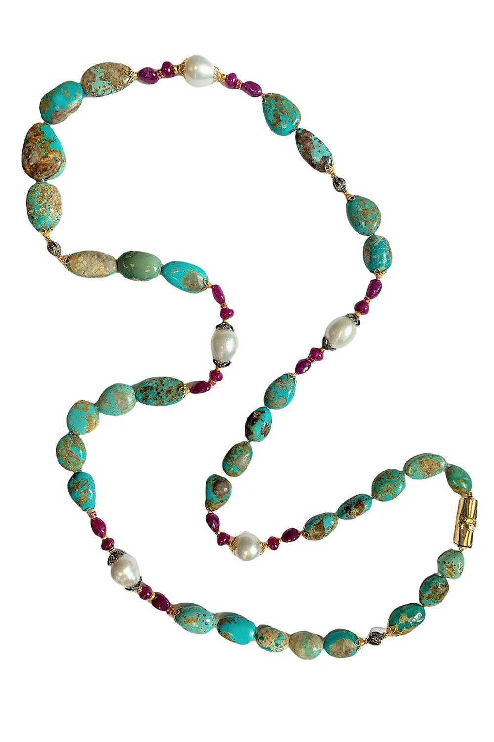 Turquoise Ruby Pearl Diamond Byzantine Necklace