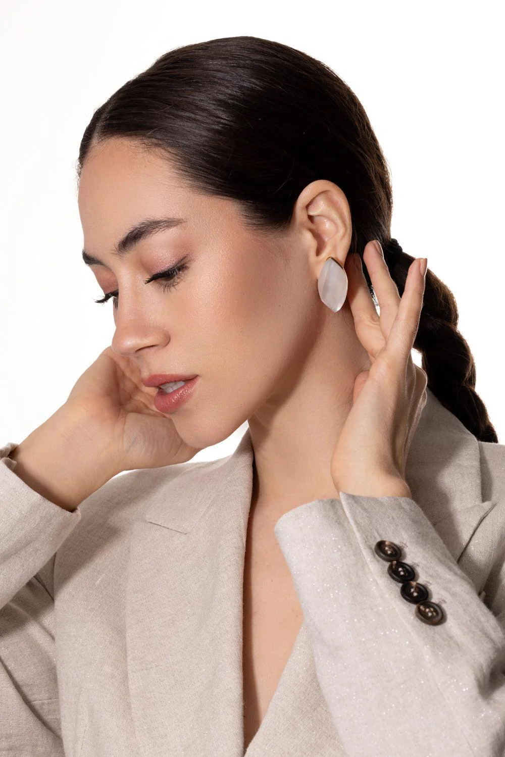 Rock Crystal Mother of Pearl Stud Earrings - Image 4