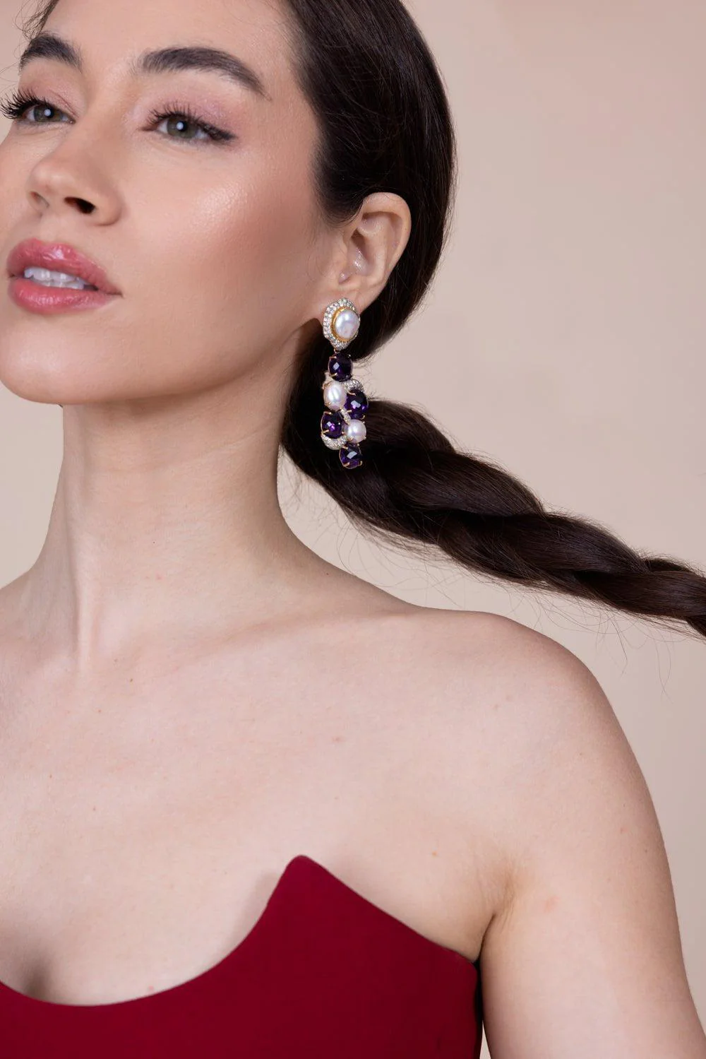 Amethyst Diamond Pearl Earrings - Image 3
