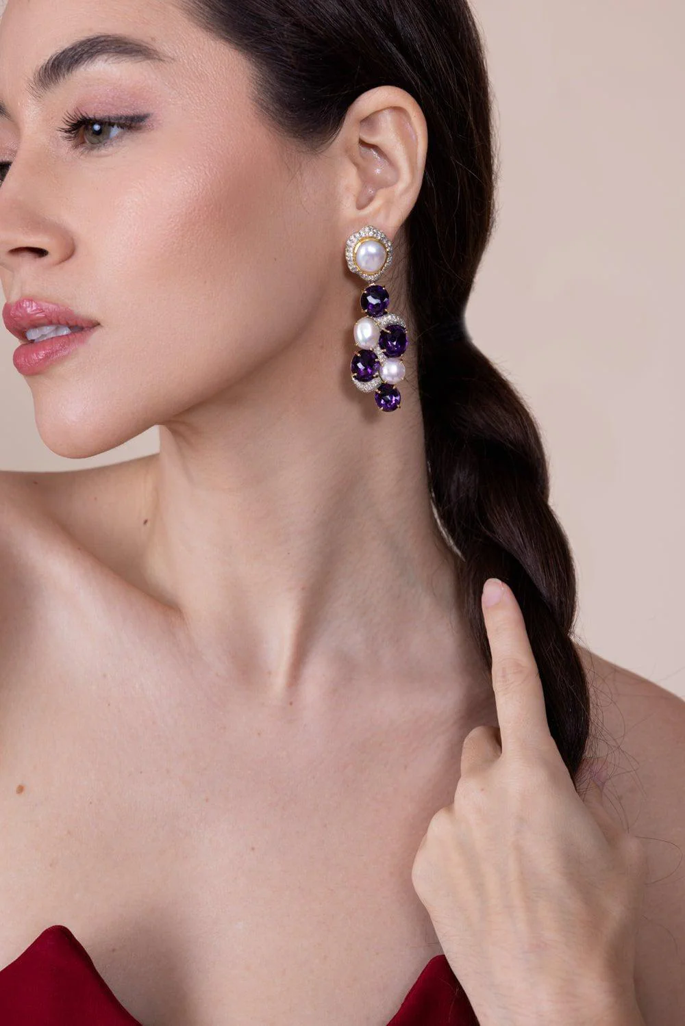 Amethyst Diamond Pearl Earrings - Image 4