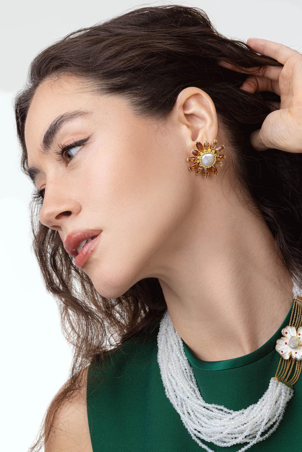 Brown Zircon Flower Earrings - Image 3