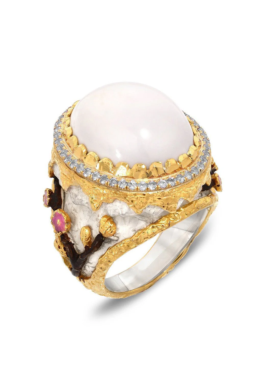 Cacholong Opal Diamond Floral Ring