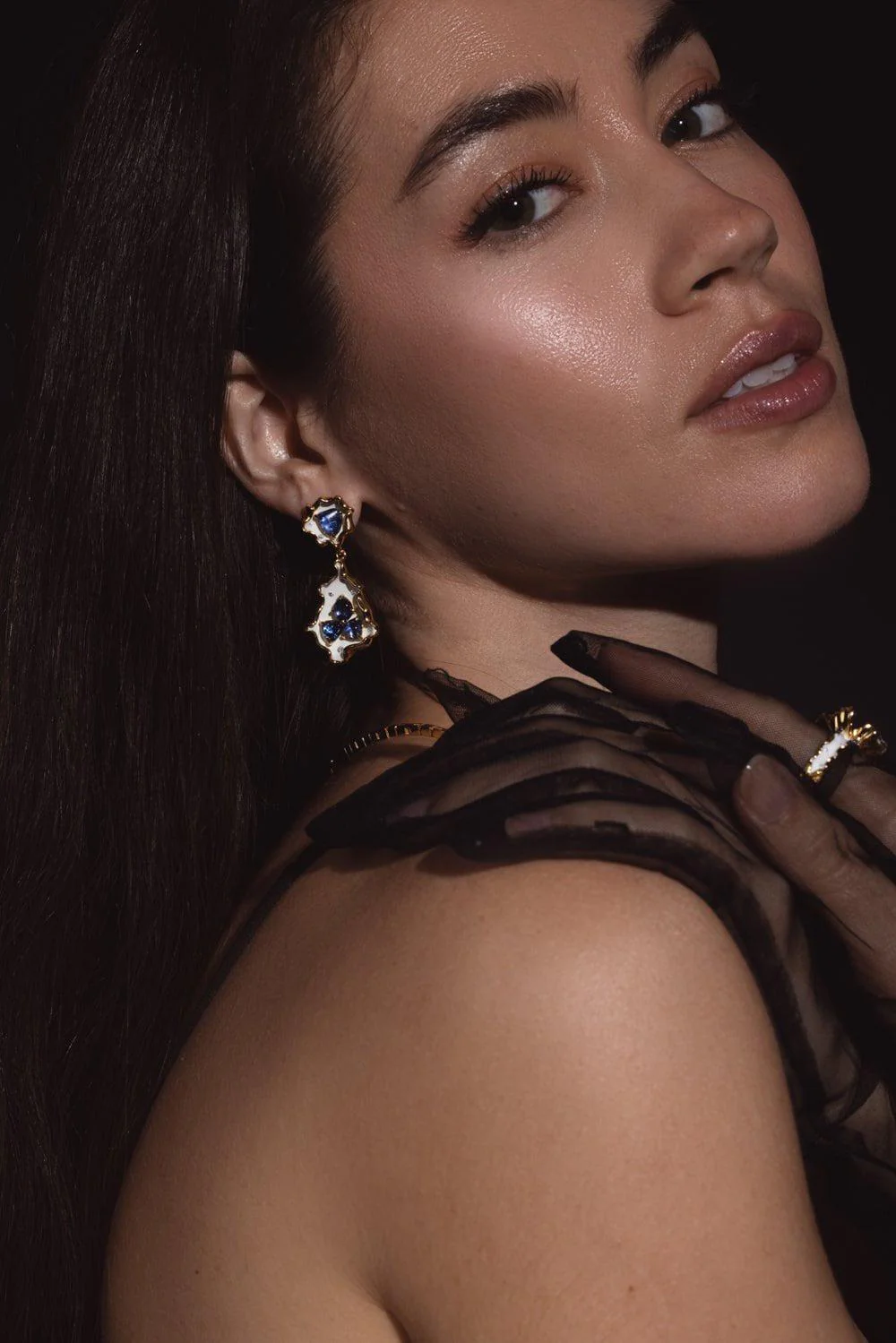 Sapphire Diamond Enamel Drop Earrings - Image 3