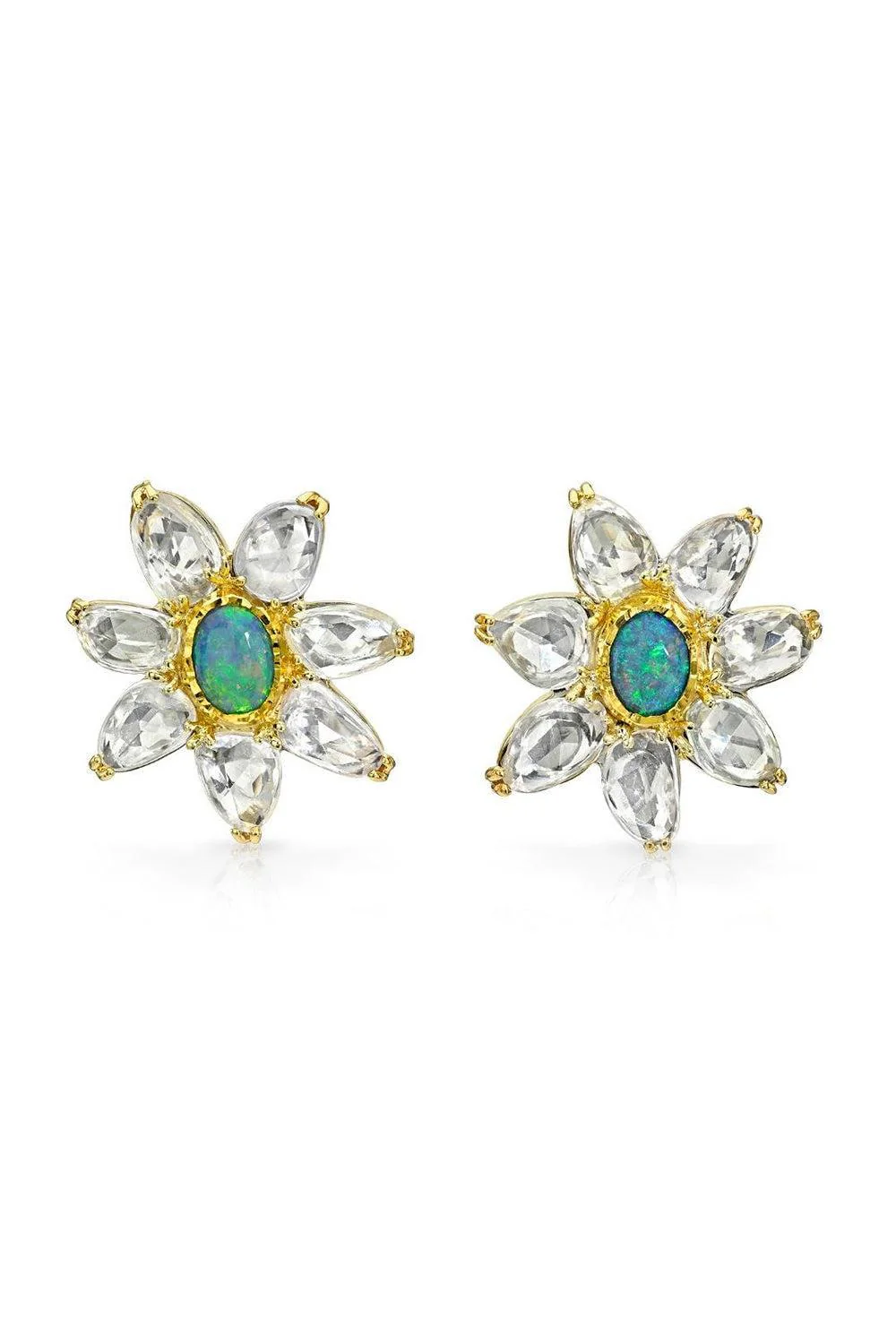 White Sapphire Black Opal Flower Earrings