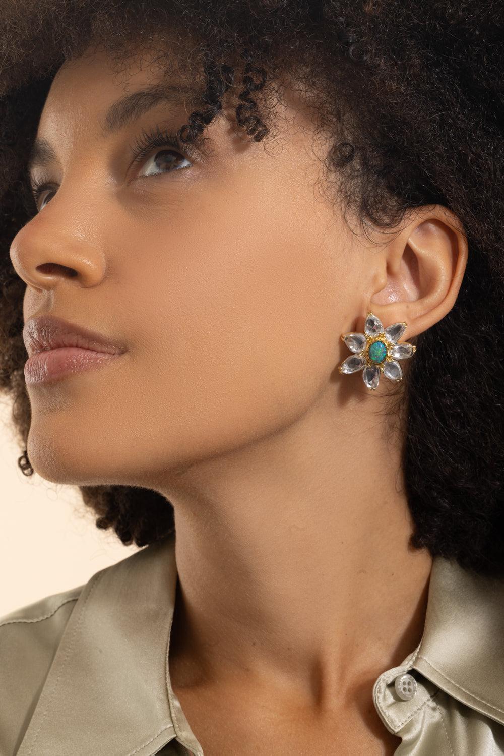 White Sapphire Black Opal Flower Earrings - Image 2