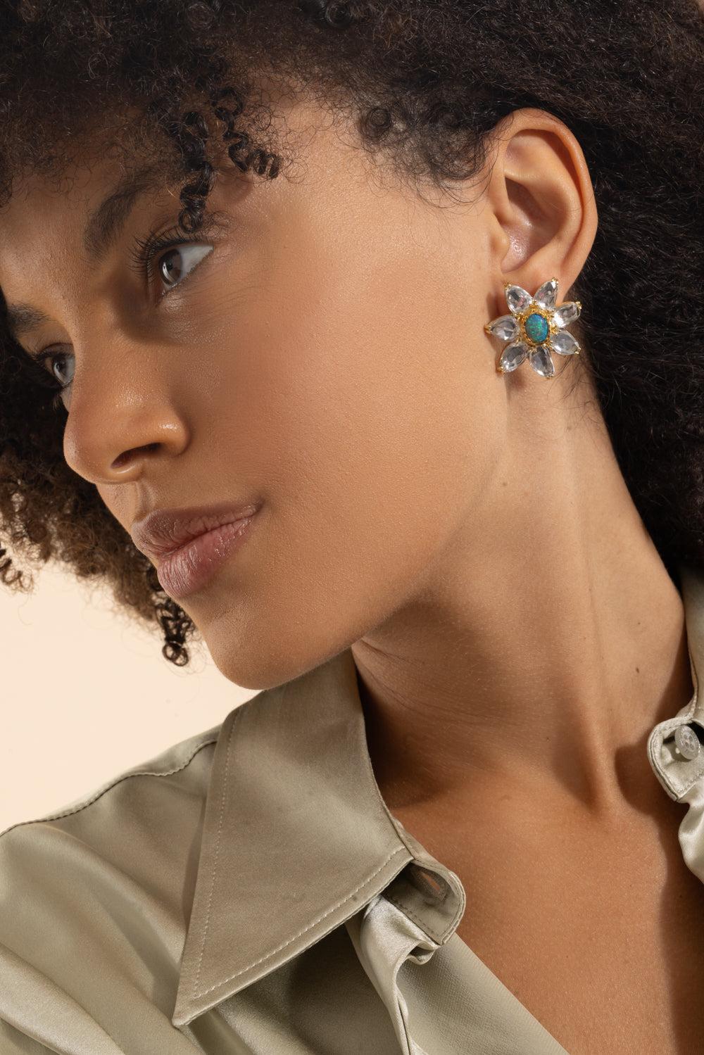 White Sapphire Black Opal Flower Earrings - Image 3