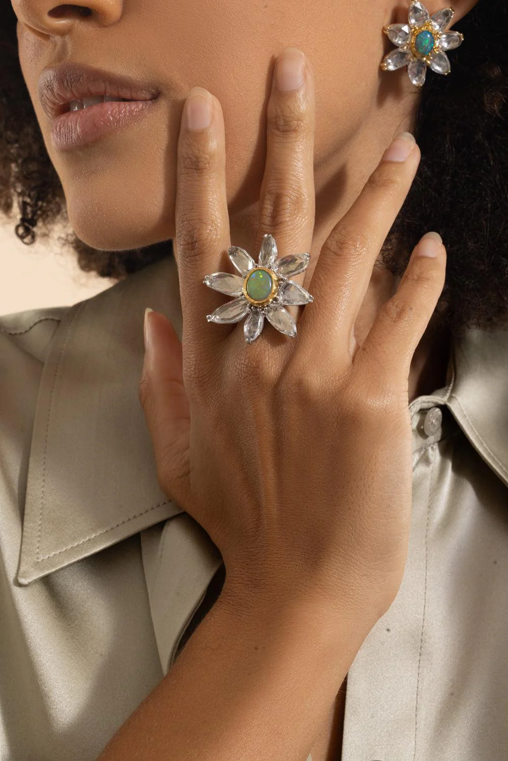 White Sapphire Black Opal Flower Ring - Image 3