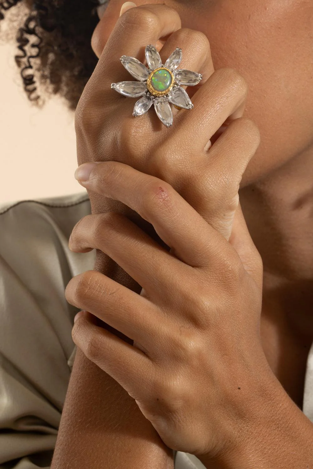 White Sapphire Black Opal Flower Ring - Image 4