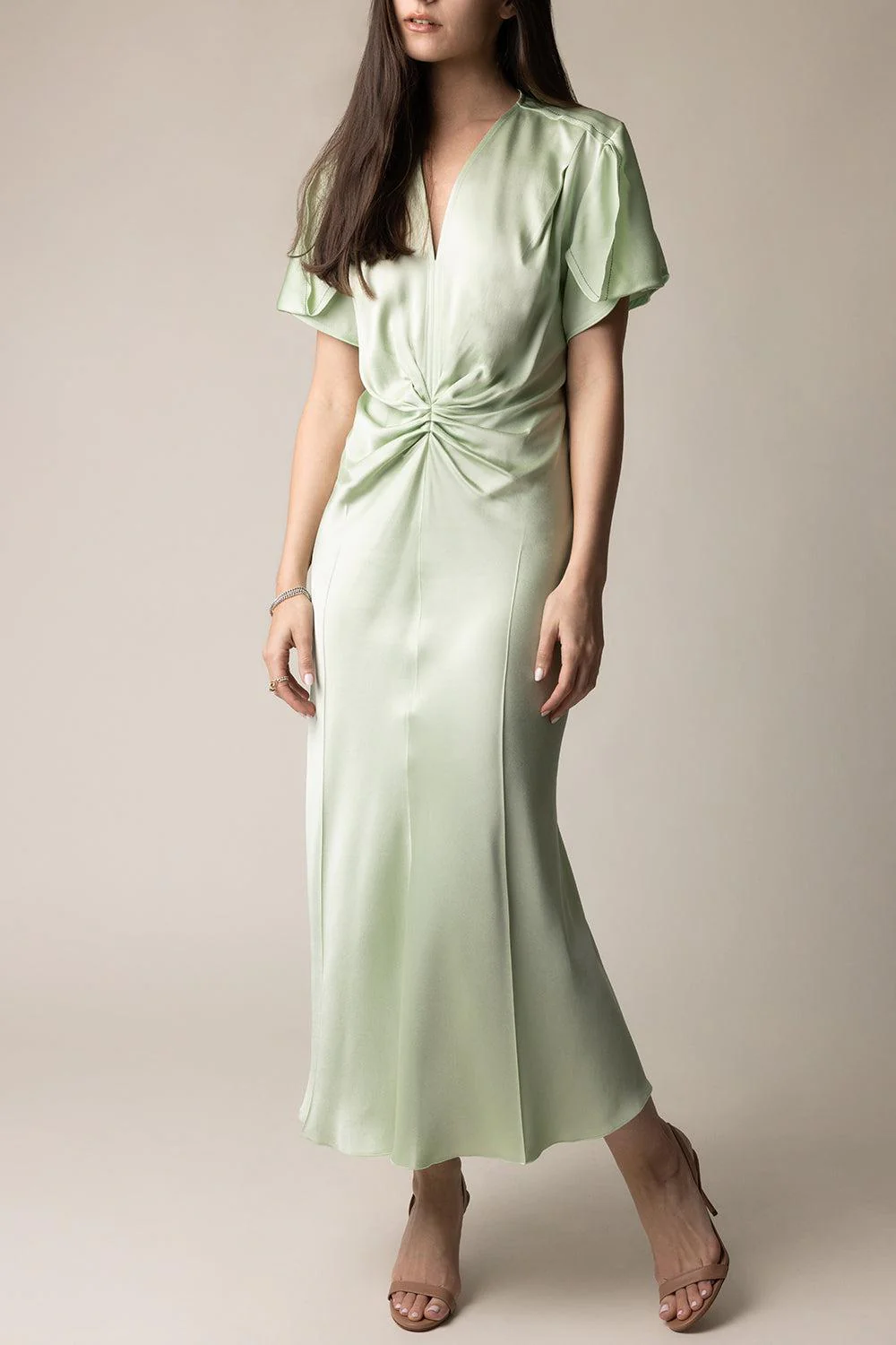 Gathered V-Neck Dress - Jade - Image 2