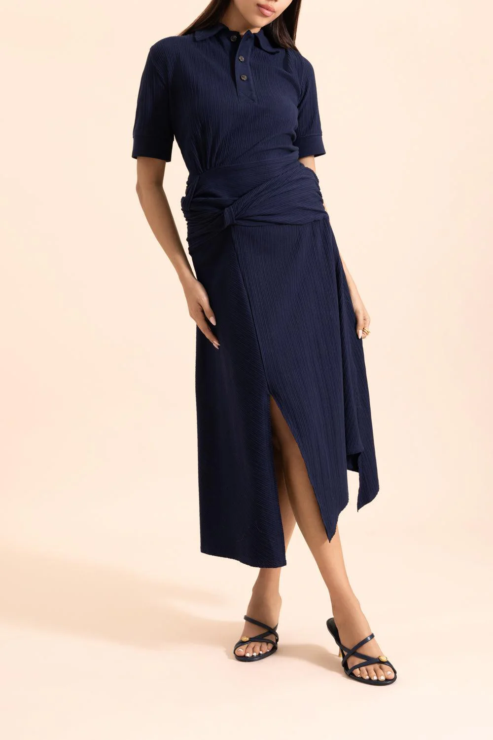 Twist Detail Polo Top - Navy - Image 2
