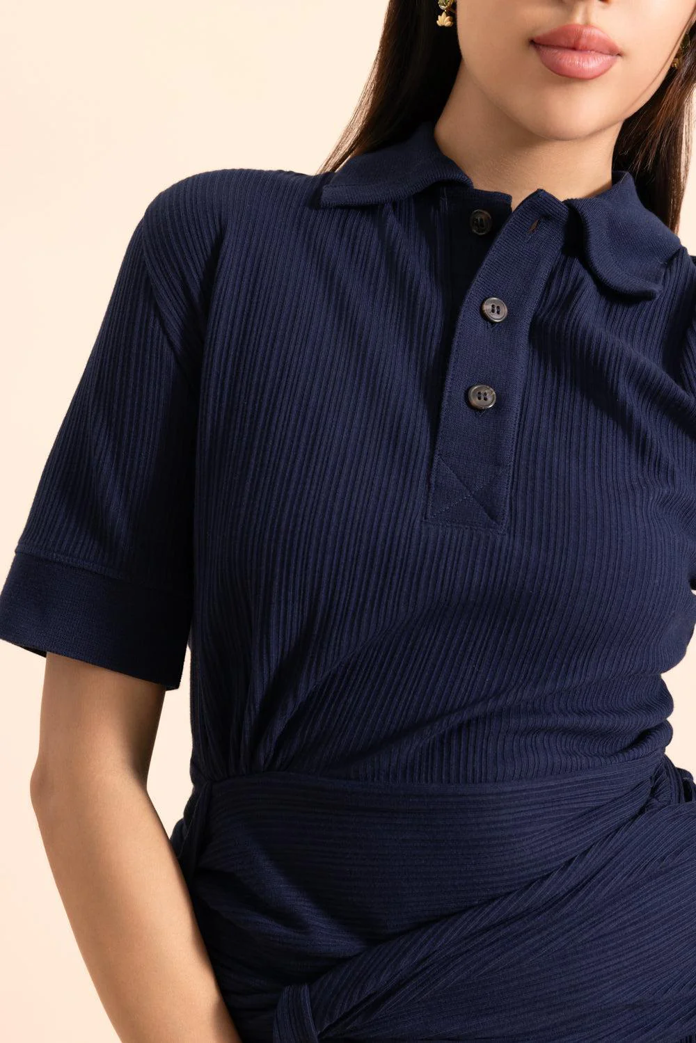 Twist Detail Polo Top - Navy - Image 3