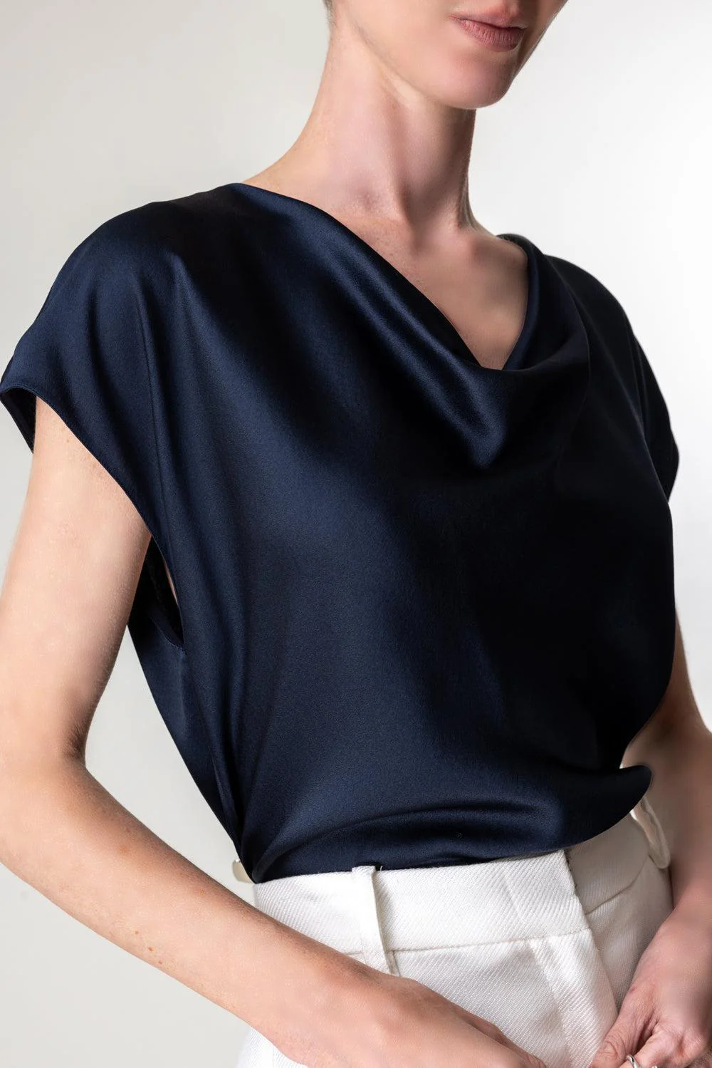 Cowl Neck Cap Sleeve Blouse - Coastal Blue - Image 3
