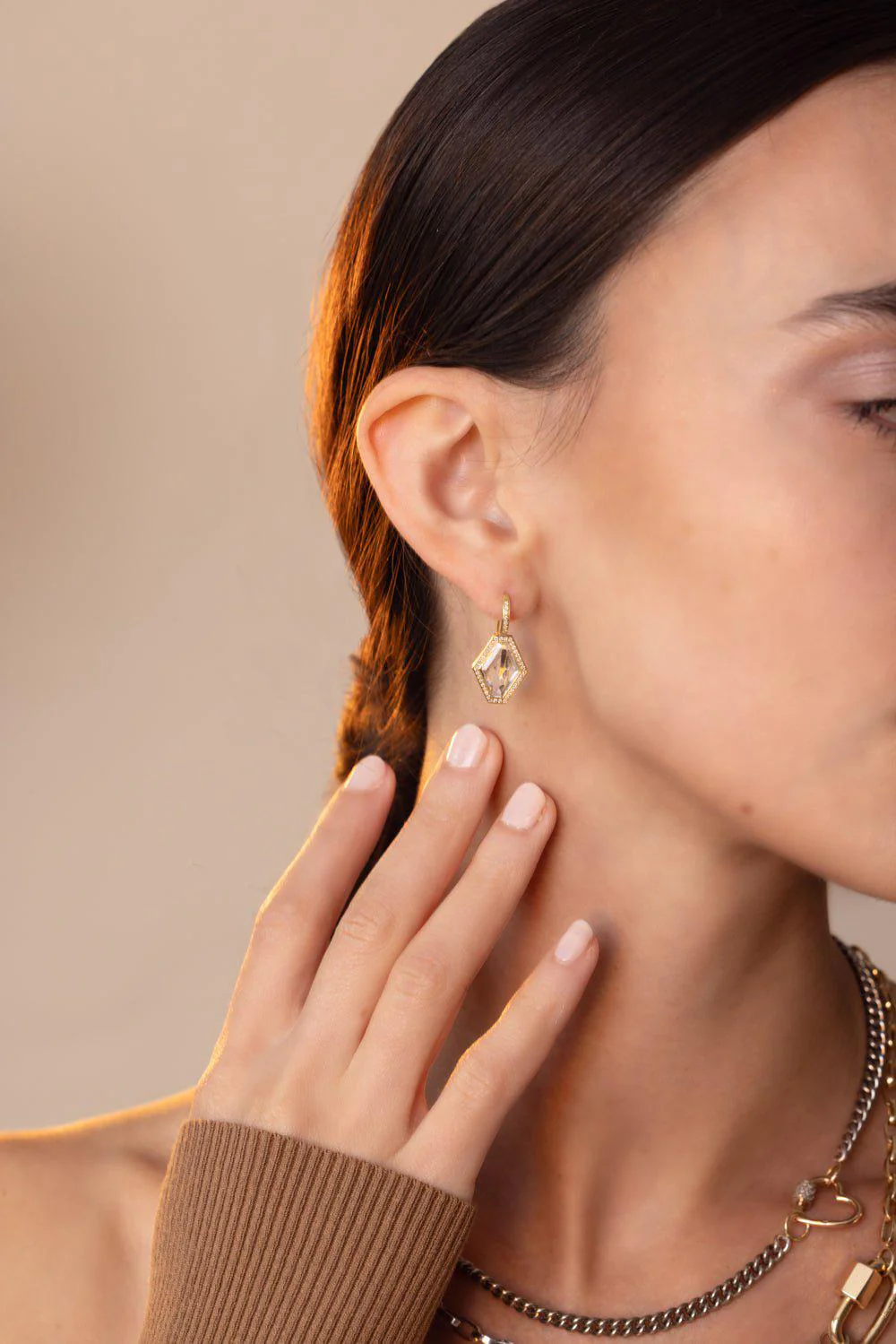 Bell Diamond Rock Crystal Hexagon Earrings - Image 3