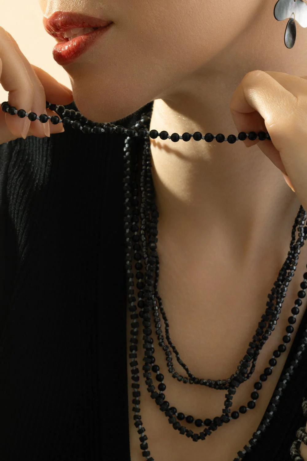 Black Onyx Beaded Necklace - Silver - Image 4