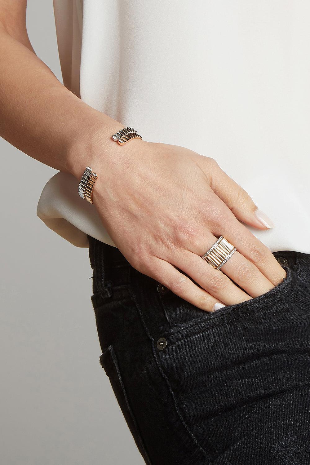 Clive Two Tone Diamond Fluted Band Ring - Yellow Gold - Image 2