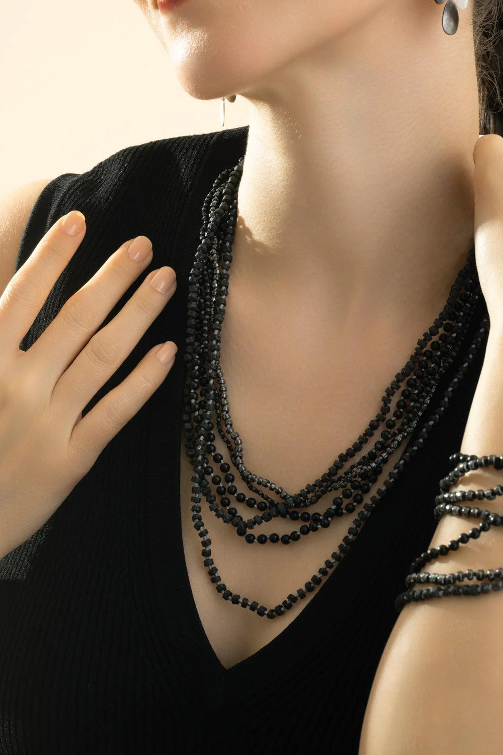 Matte Hematite Beaded Necklace - Rhodium - Image 2