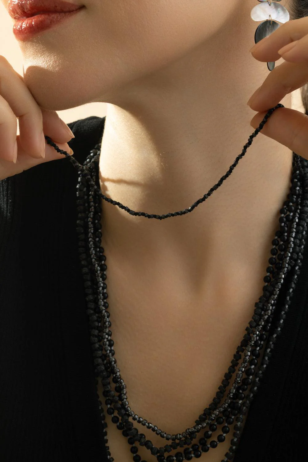 Matte Hematite Beaded Necklace - Rhodium - Image 4
