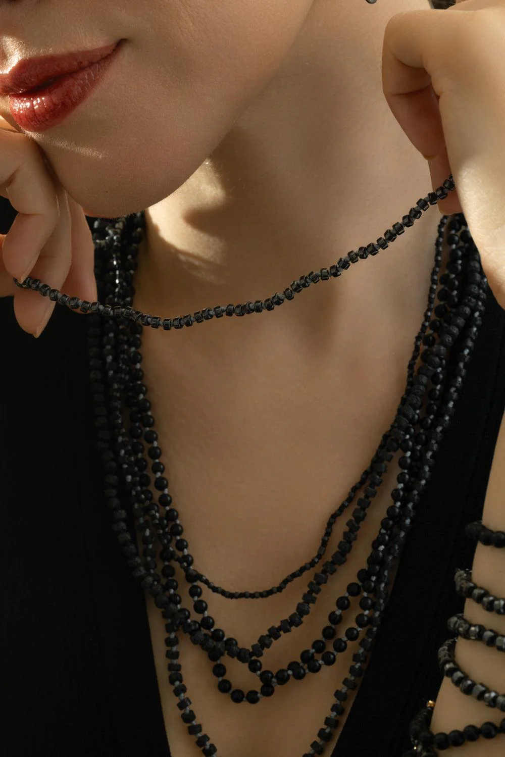 Polished Hematite Beaded Necklace - Silver - Image 4