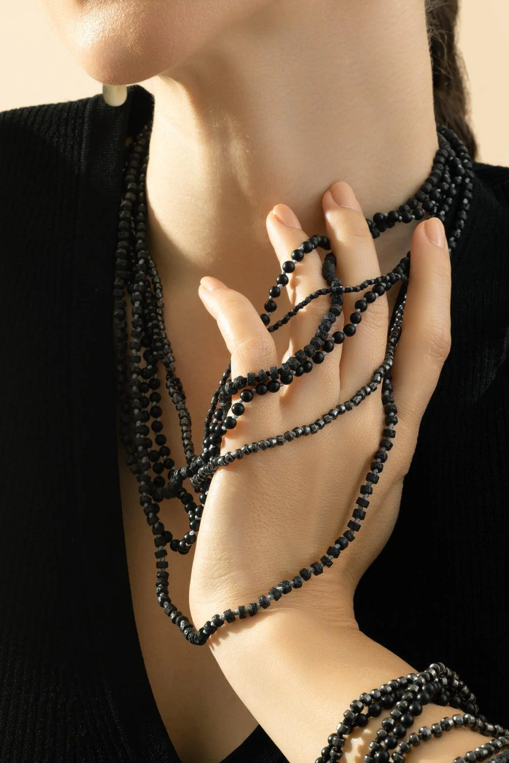 Polished Hemitite Beaded Necklace - Rhodium - Image 3