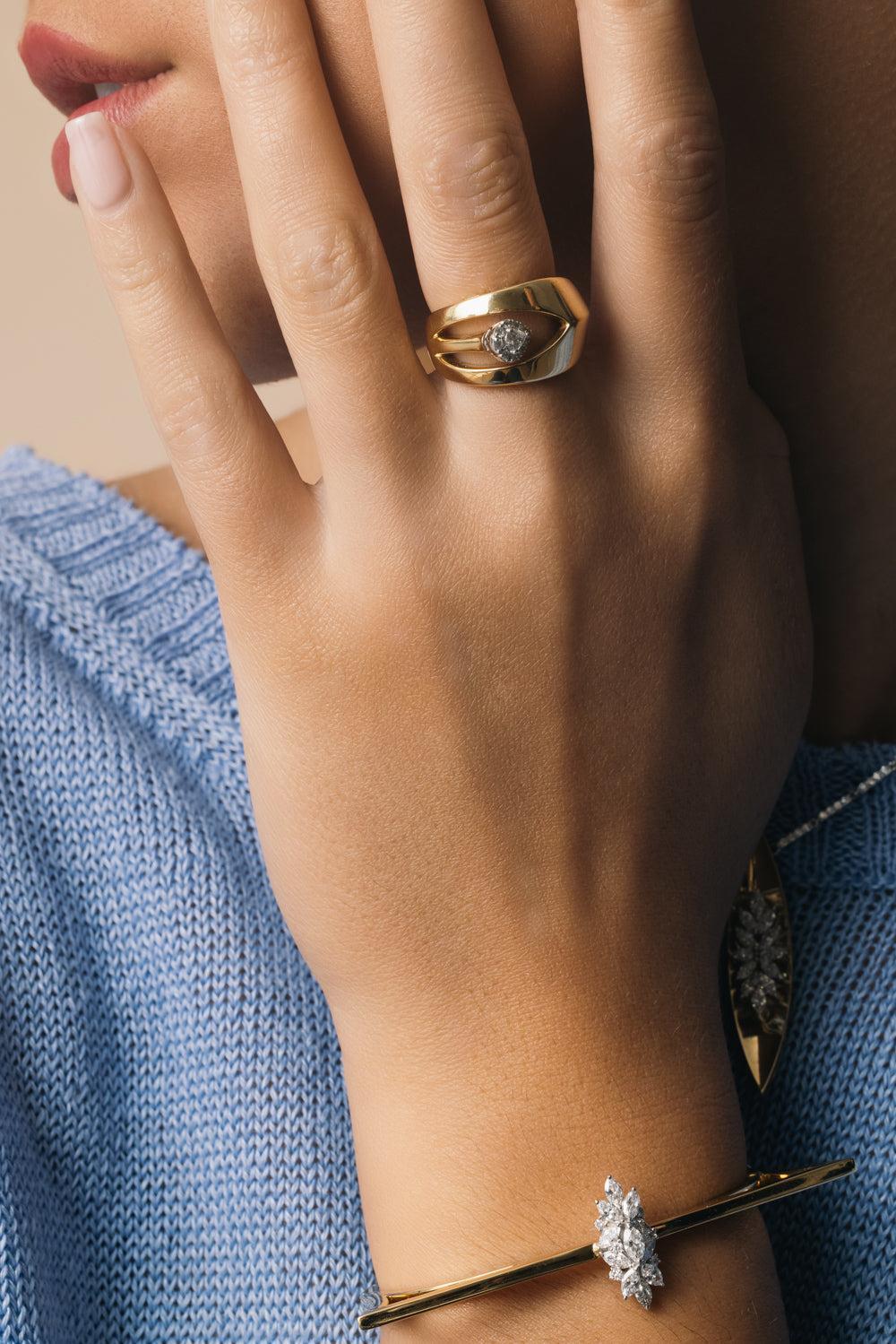 Diamond Floating Wide Band Golden Strada Ring - Image 2