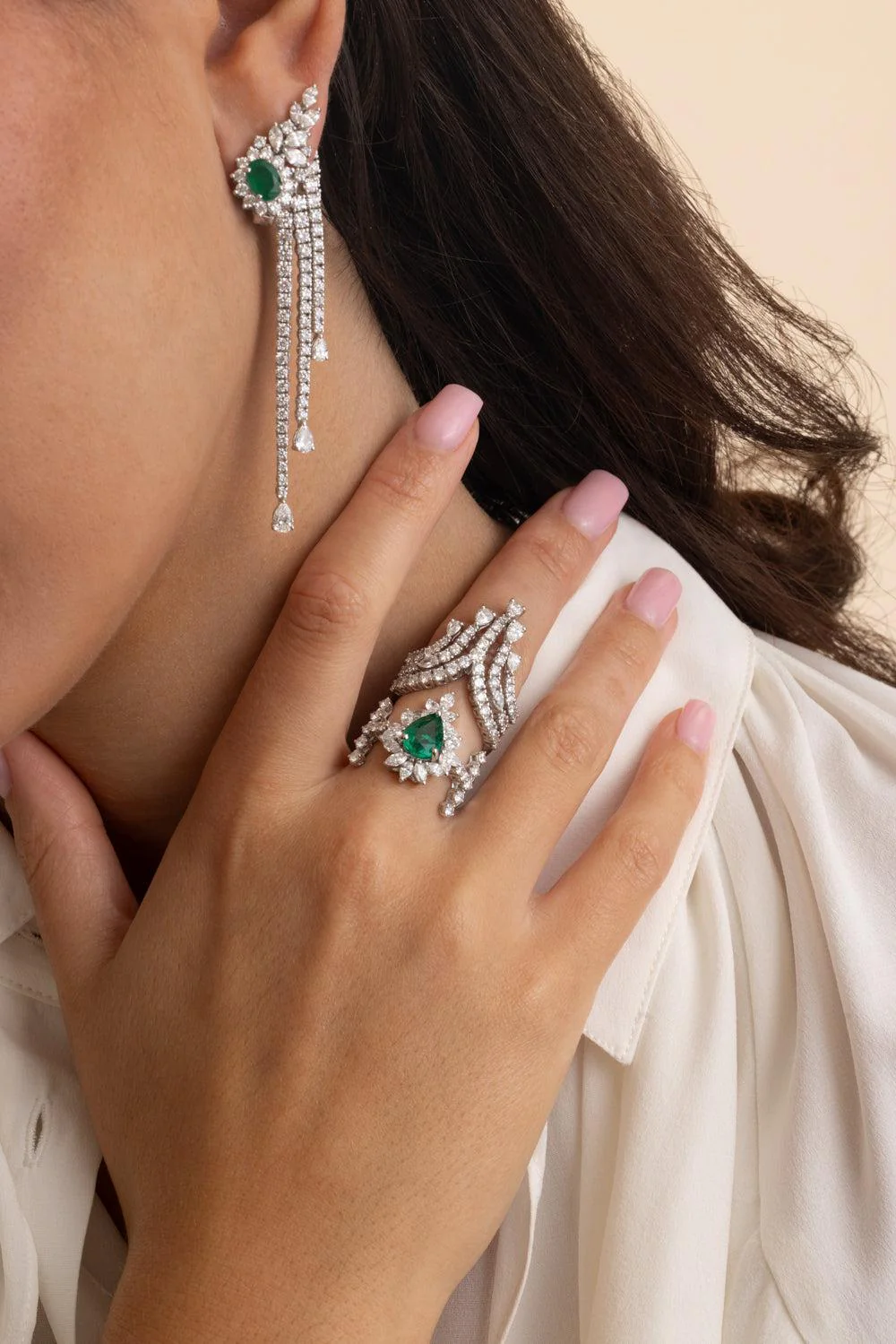 Emerald Diamond Statement Dangle Ring - Image 4