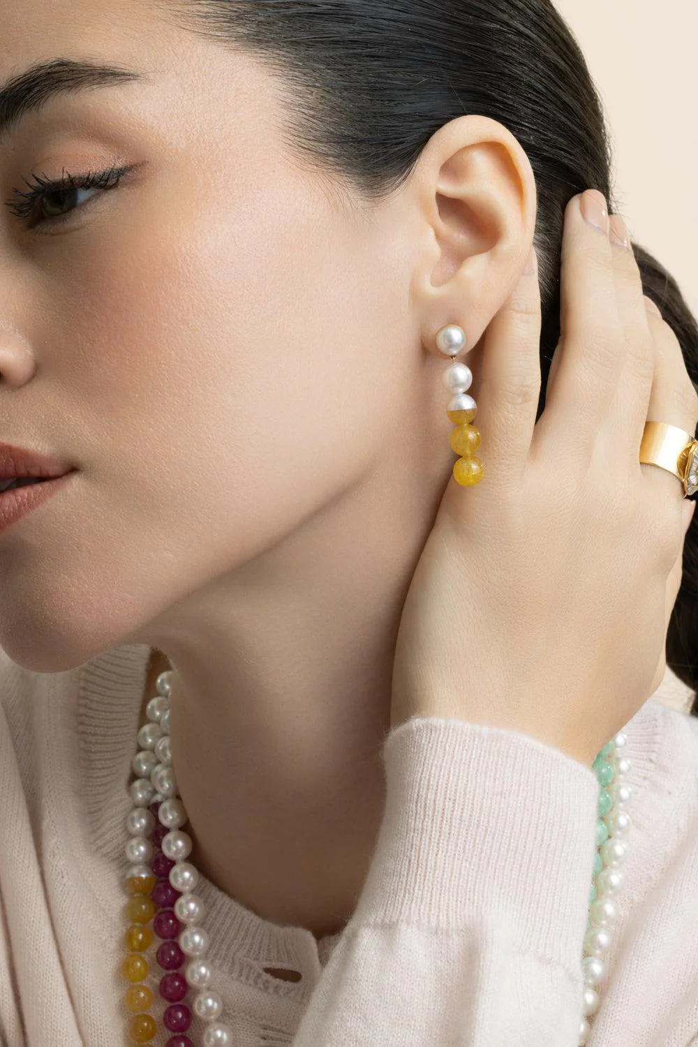Yellow Sapphire Pearl Sectional Earrings - Image 2