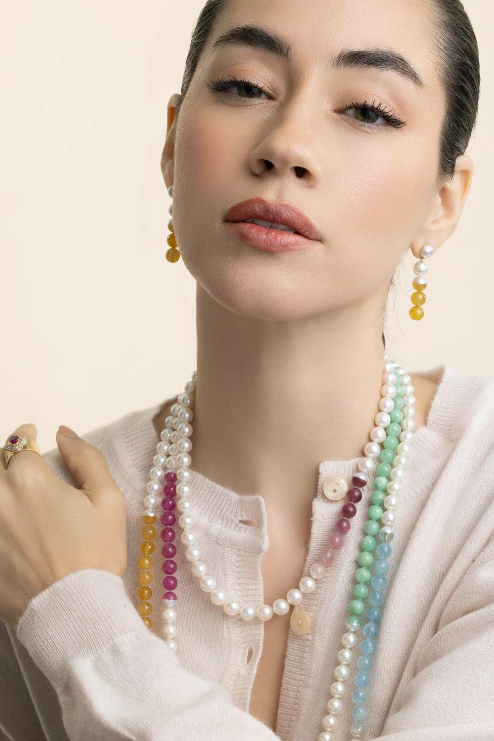 Yellow Sapphire Pearl Sectional Earrings - Image 3