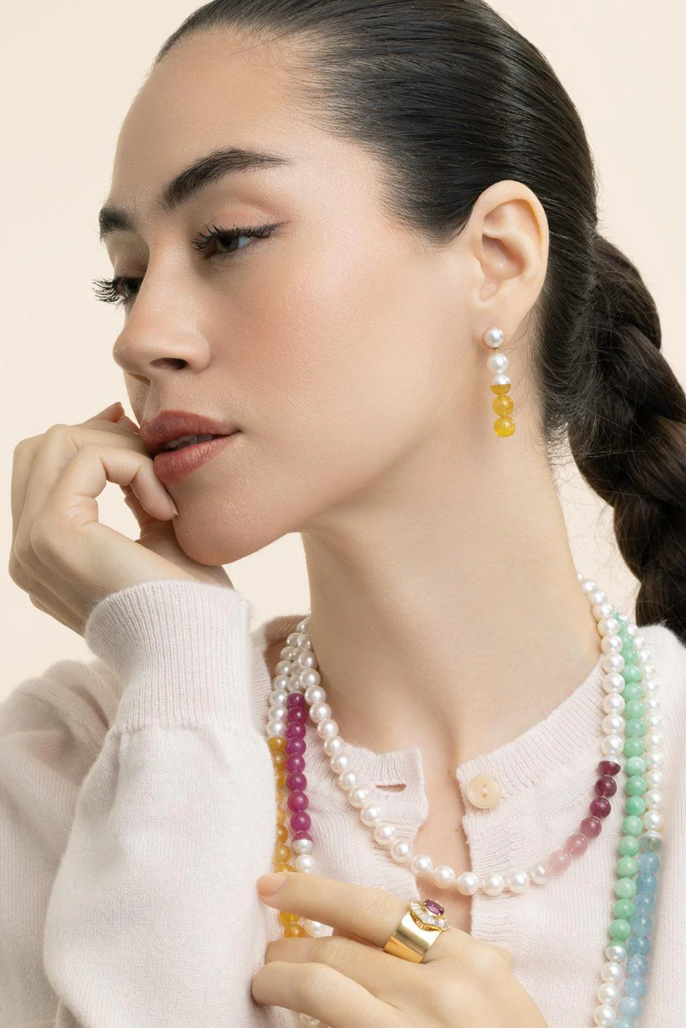 Yellow Sapphire Pearl Sectional Earrings - Image 4